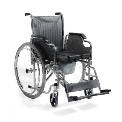 Αμαξίδιο αναπηρικό πτυσσόμενο. Μεταλλικού σκελετού, με προσθαφαιρούμενο δοχείο WC για χρήση τουλέτας. Διατίθεται με φουσκωτούς ή συμπαγείς τροχούς.